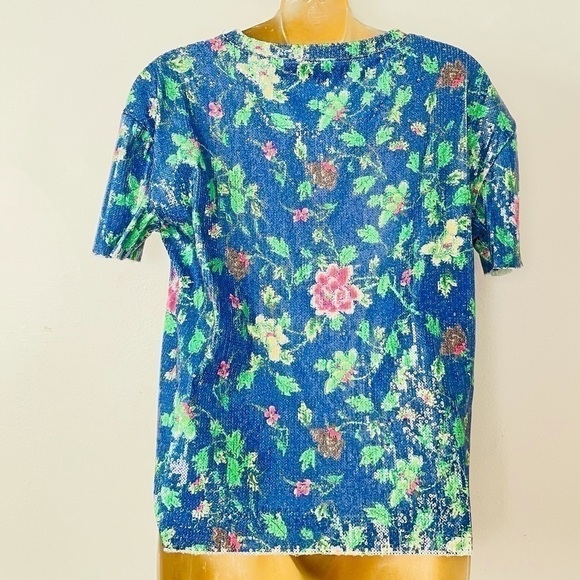 Zara Sequin Floral Top Blue Pink Sparkle Tee | Paris Street Brunch Chic - Picture 4 of 5